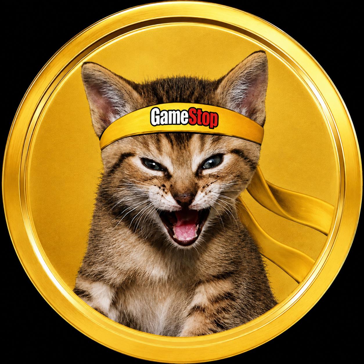 $GME on BSC mascot — a fierce cat in a GameStop headband on a gold coin